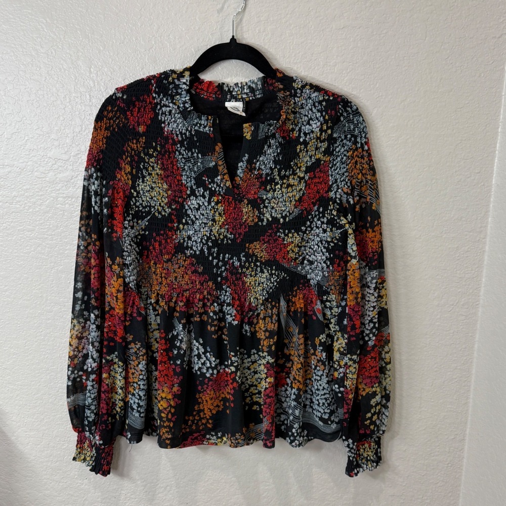Akemi + Kin Dark Fall Floral Smocked Top Black Multicolor Long Sleeved Goth Sz S